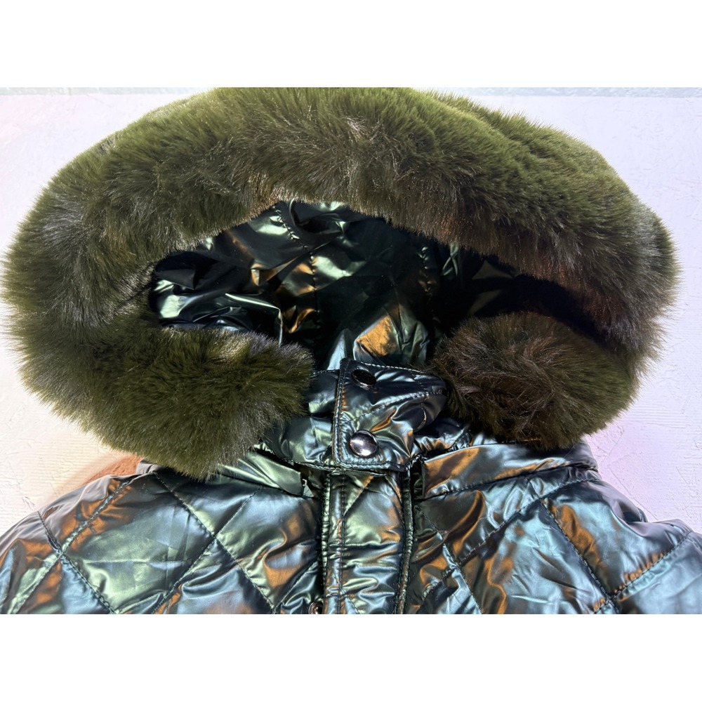 Dark Green Quilted Metallic Snow Suit Faux Fur Hooded Belted Ski Jumpsuit Medium